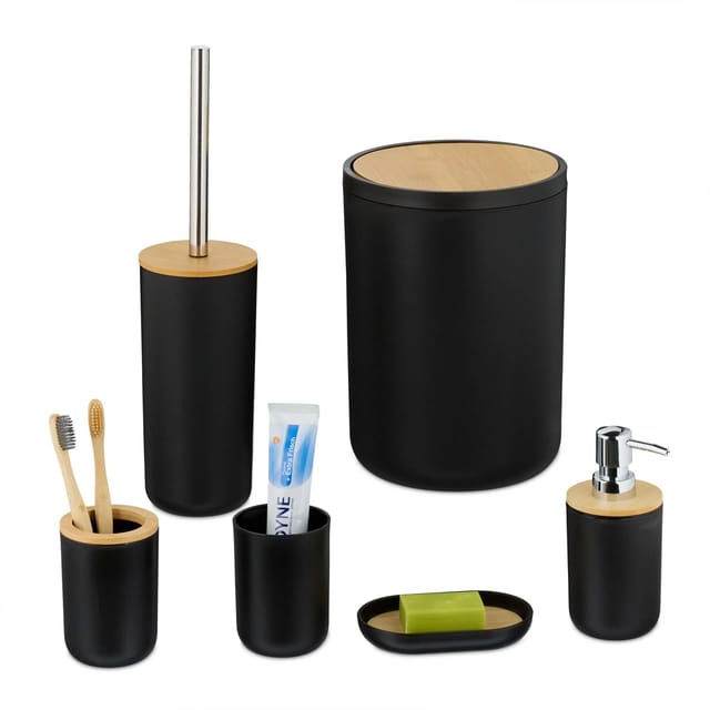 Badezimmer Set, 6-teilig, Badaccessoires Kunststoff, Bambus, komplette Badezimmerausstattung, schwarz/natur - Relaxdays