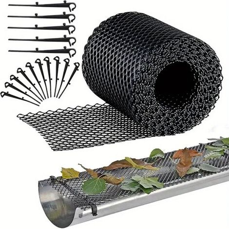 Filet De Protection Pour Gouttière, 6 M X 15 Cm, Avec 10 Crochets De Fixation, Noir, Découpable Et Résistant
