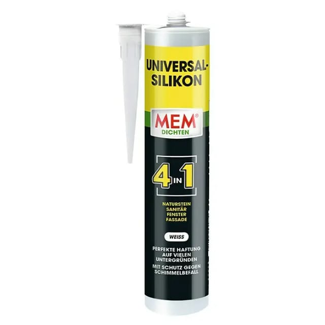 MEM - Universal Silikon 4in1, Silikon-Dichtstoff für zahlreiche Untergründe, Im Innen- und Außenbereich, Weiß, Kartusche 300ml