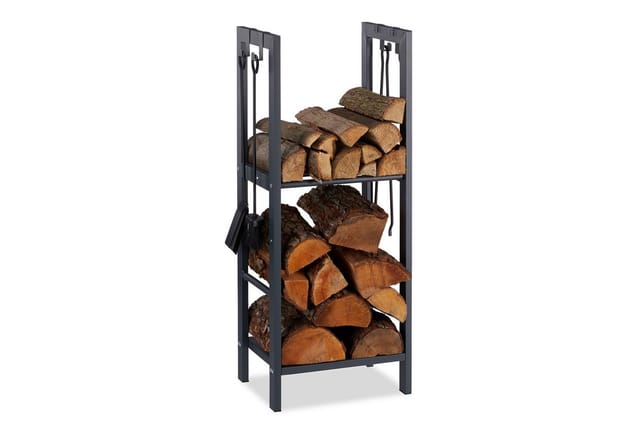 Kaminholzregal mit 2 Ablagen, aus Stahl, 4 Haken für Kaminbesteck, Brennholzregal hbt 100x40x30 cm, anthrazit - Relaxdays