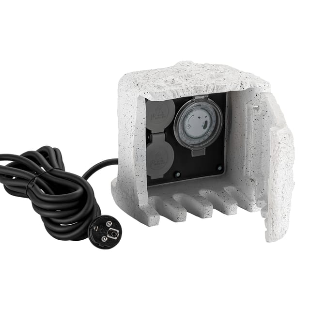2-fach Gartensteckdose Außensteckdose Kunstharz Zeitschaltuhr IP44 Outdoor Steinoptik 5m Kabel