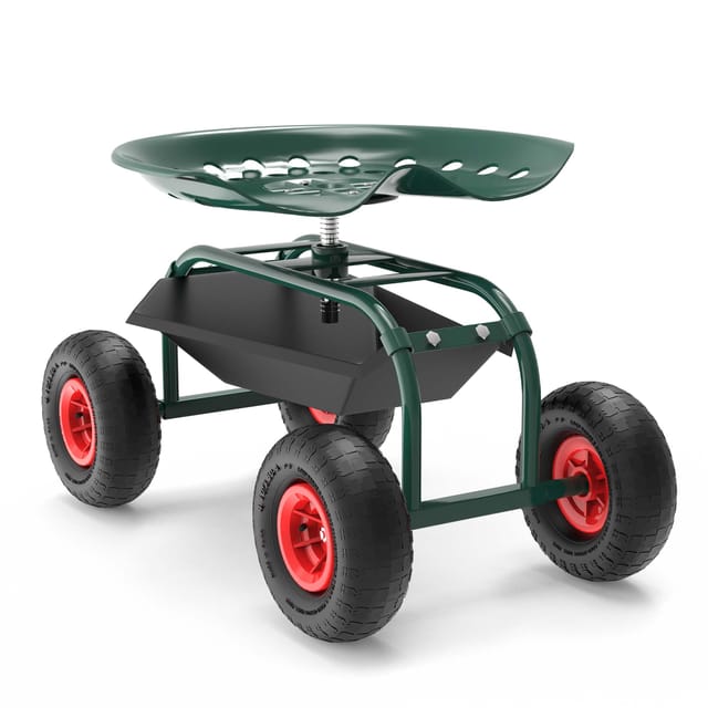 Wiltec - Gartenwagen mit Ablagefläche bis 150kg Gartenhocker mit Reifen Gartentrolley für Gartenarbeit Werkstattwagen Rollwagen Arbeitssitz