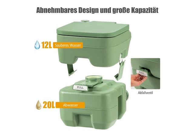 COSTWAY 20L + 12L Campingtoilette mit abnehmbarem Abwassertank, Campingklo tragbar, Reisetoilette, Mobile Toilette für Reise, Camping und Wohnmobil