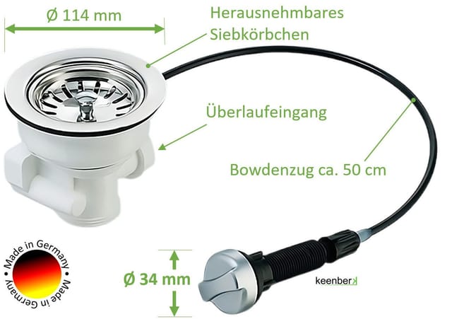 Keenberk - Siebkorb-Excenterventil 3 1/2 Zoll mit Drehbetätigung, Ablauf nach unten mit Anschluss 1 Zoll für Überlauf