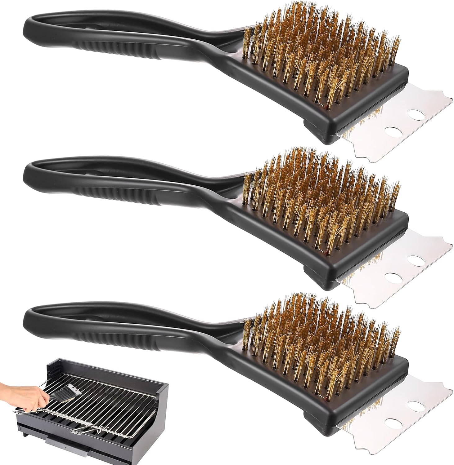 Set Mit 3 2-in-1 Reinigungsbürsten Für Gusseisengrills Mit Edelstahlschaber, Metallbürste Für Gusseisengrills