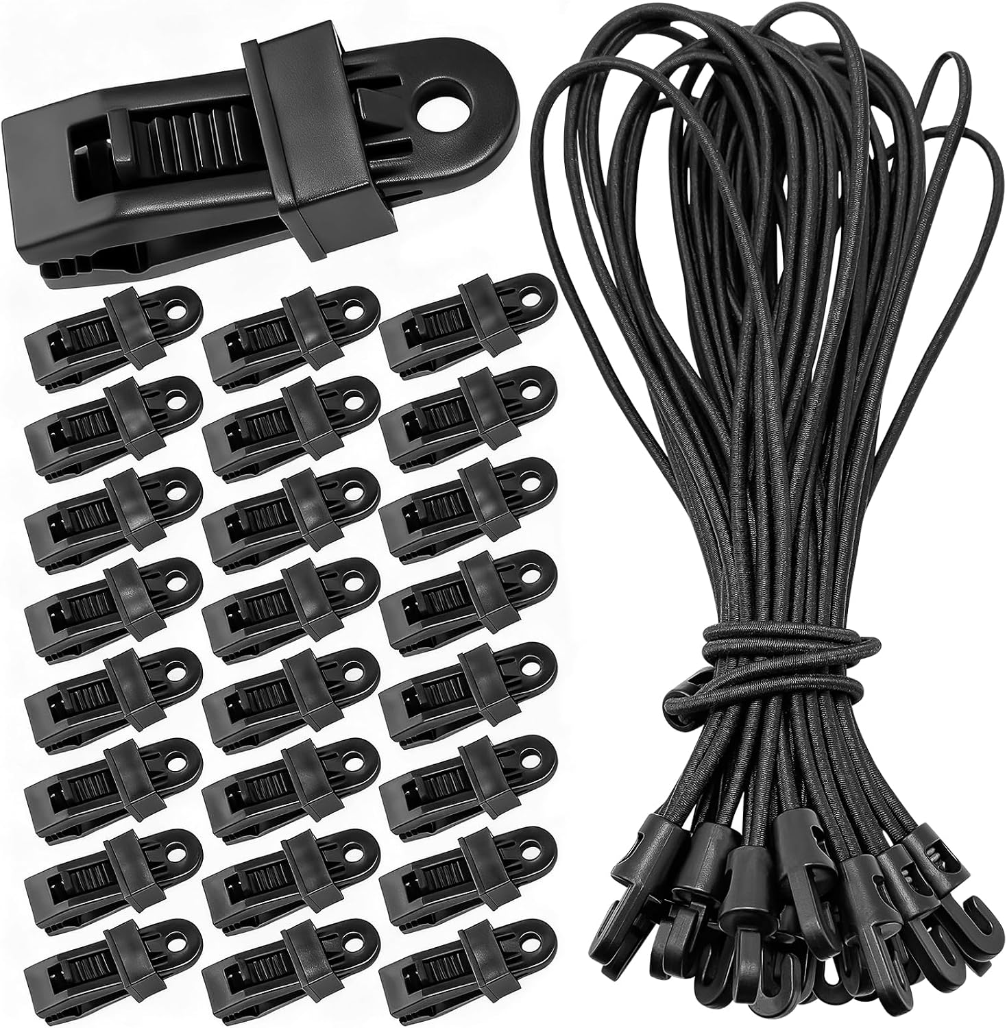 Set Mit 25 Zeltplanenclips Und 25 Gummispannern Mit Haken, Verstellbare Zeltplanenklemmen, Für Planen, Markisen, Banner
