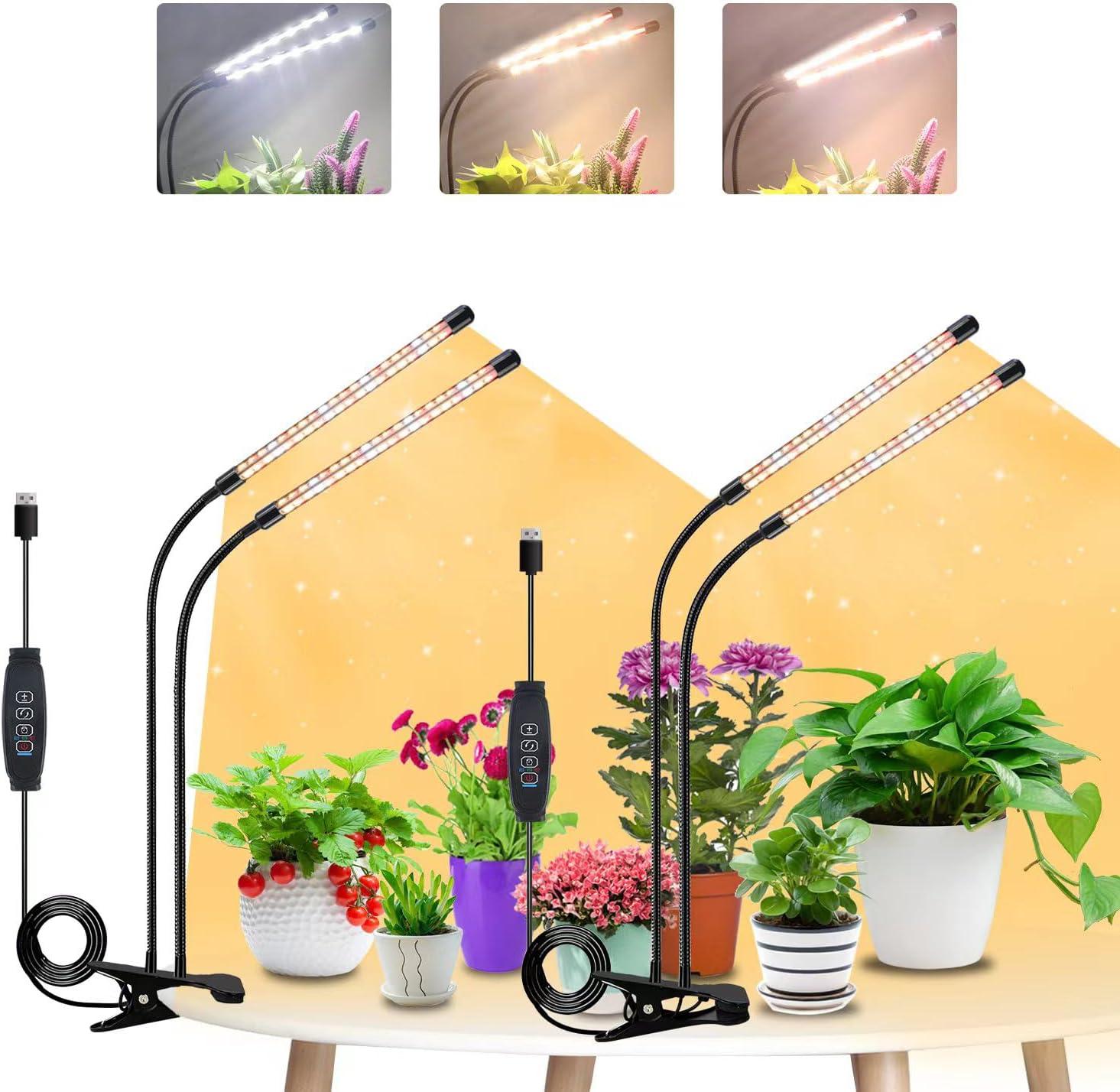Pflanzenlampe, 2 Köpfe + 2 Köpfe Led-wachstumslampe, Automatische Ein-/ausschaltung 3/9/12 Stunden, Für Sukkulenten, Orchideen (ohne Adapter)