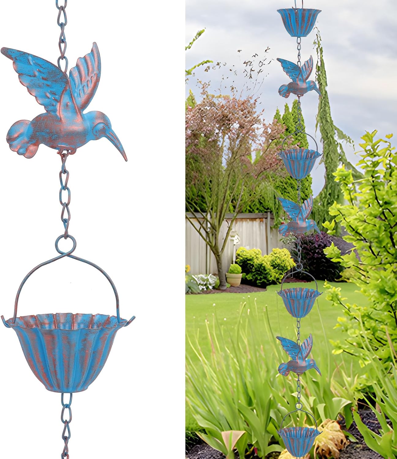 2,4 M Lange Regenrinne Mit Kolibris – Retro-regenwasserablaufkette Aus Blauem Metall, Garten- Und Heimdekoration