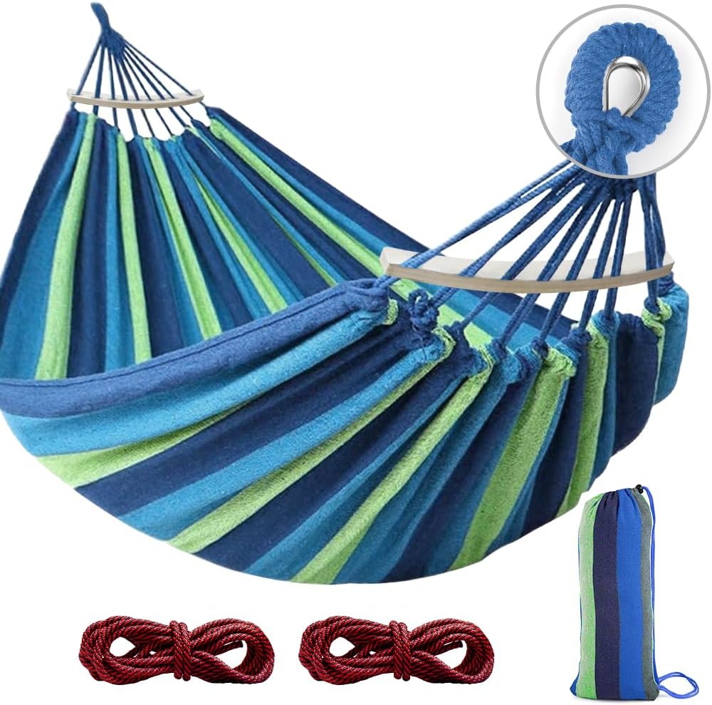 Komfortable Hängematte Für Camping Und Garten Mit Kippsicherer Holzstange Und Seil Für Terrasse Und Zum Entspannen, 220 X 150 Cm, Tragkraft 200 Kg