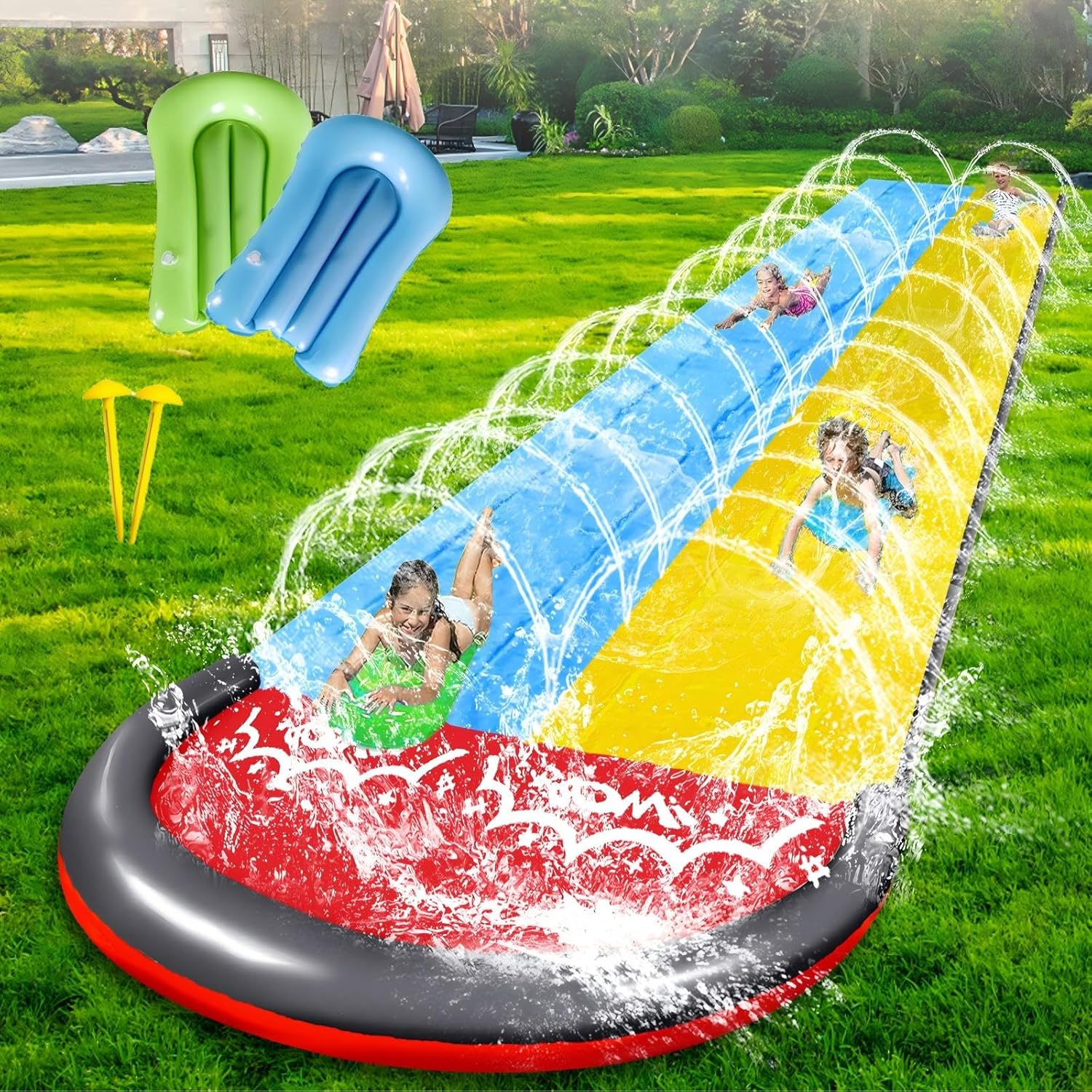 Doppelte Rasenwasserrutsche (480 Cm) Mit 2 Aufblasbaren Brettern, Sommerliches Wasserspielzeug Für Kinder Und Erwachsene, Für Garten Und Terrasse