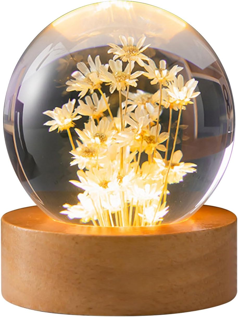 Blumenförmige Kristallkugel-nachtleuchte, 6 Cm Große Glaskugellampe Mit Holz- Und Led-lichtsockel, Nachtleuchte In Form Einer Blume