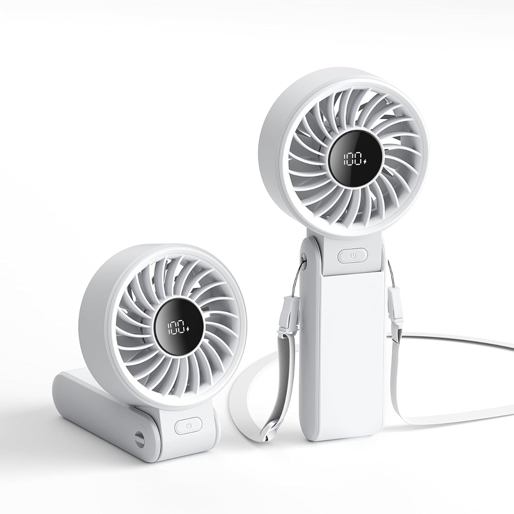 Ventilateur Portable, Écran Led [refroidissement Maximum 19,5 Heures] 5000 Mah, Plié À 150 °, 5 Vitesses, Lanière Éventail 3-en-1 Main/bureau - Gris