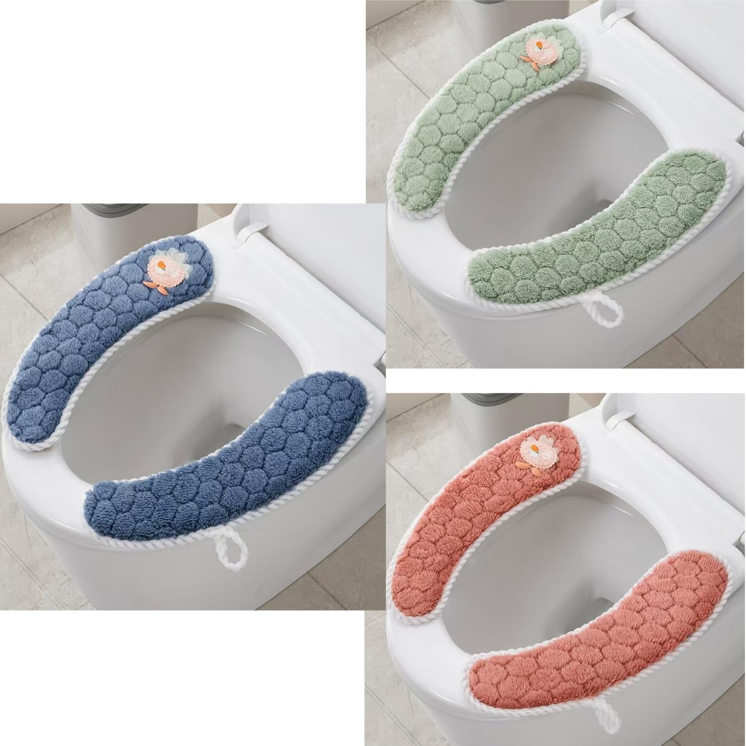 Set Mit 3 Paar Dicken, Warmen, Weich Gepolsterten Toilettensitzbezügen, Rutschfester Matte Und Waschbarem Toilettensitzkissen