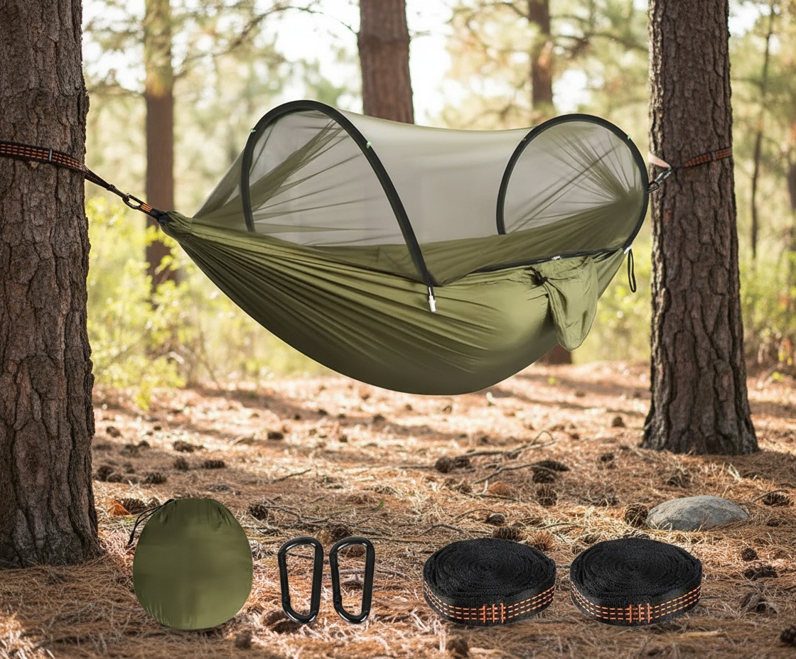 Ultra-camping-hängematte 300 Kg Tragkraft, Schnelltrocknendes, Atmungsaktives Fallschirmseiden-nylon 2 Premium-karabiner, 2 Nylon-tragegurte