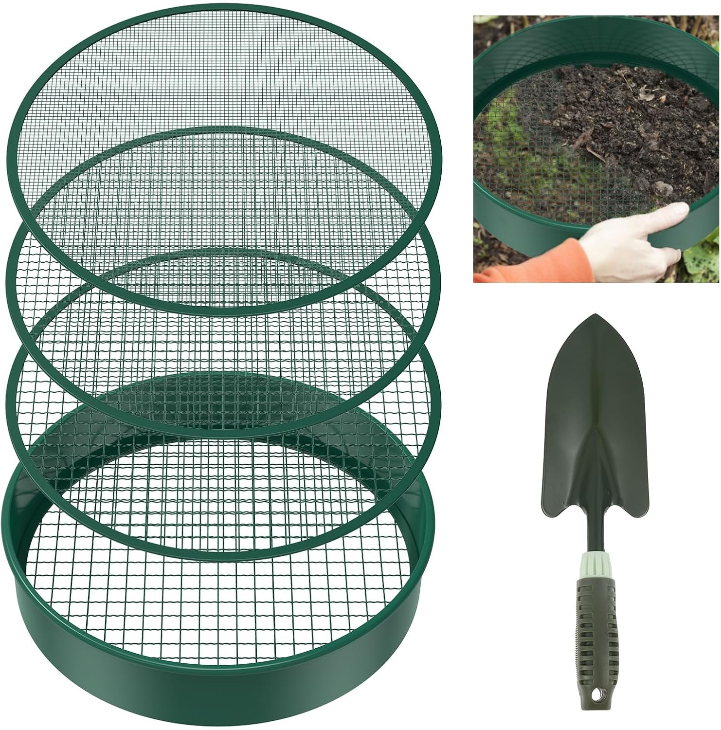Set Mit 6 Runden Gartensieben Und 4 Austauschbaren Sieben. Kompostsieb Aus Edelstahl Für Erde, Kompost Und Saatgut. Inklusive Gartenschaufel.