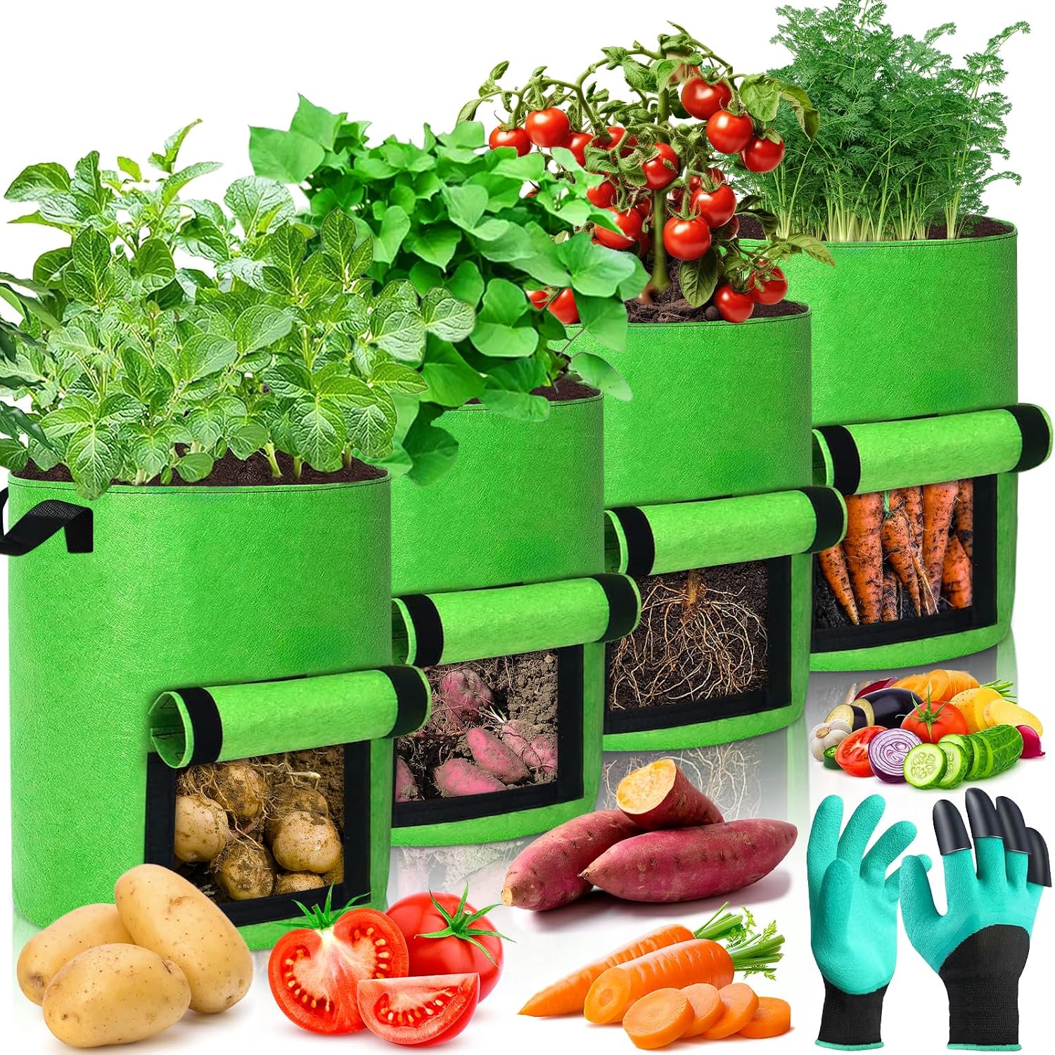 (40l) Kartoffelpflanzbeutel, 4er-set Vlies-pflanzsäcke, Blumentopf-gartensäcke Mit Griffen, Gurten Und Belüftungstöpfen Aus Stoff
