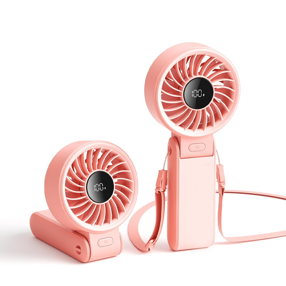 Ventilateur Portable, Avec Écran Led [refroidissement Maximum 19,5 Heures] 5000 Mah, Plié À 150 °, 5 Vitesses, Lanière Éventail 3-en-1 Main - Rose
