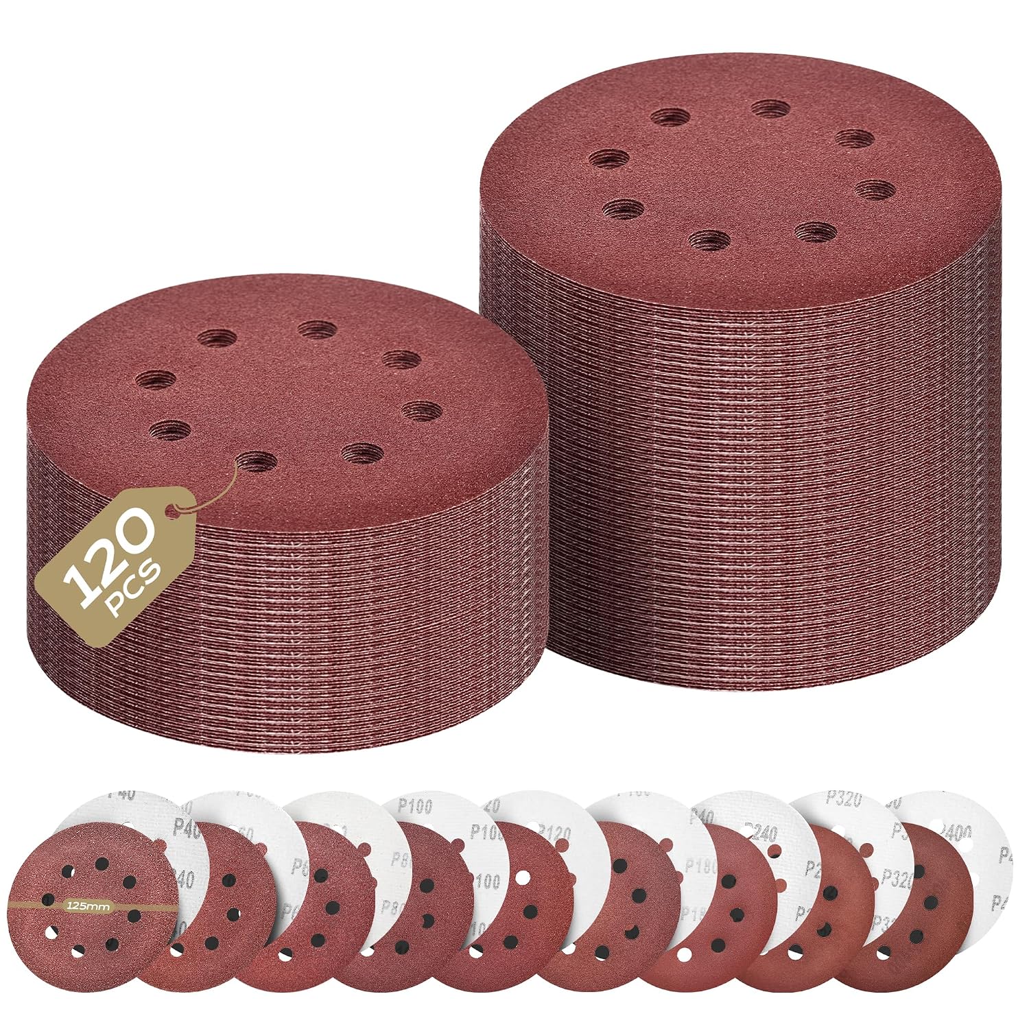 125-mm-schleifscheiben Mit Gemischter Körnung (40/60/80/100/150/240/320/400), Je 15 Stück 120 Stück 8-loch-schleifpapier Für Exzenterschleifer