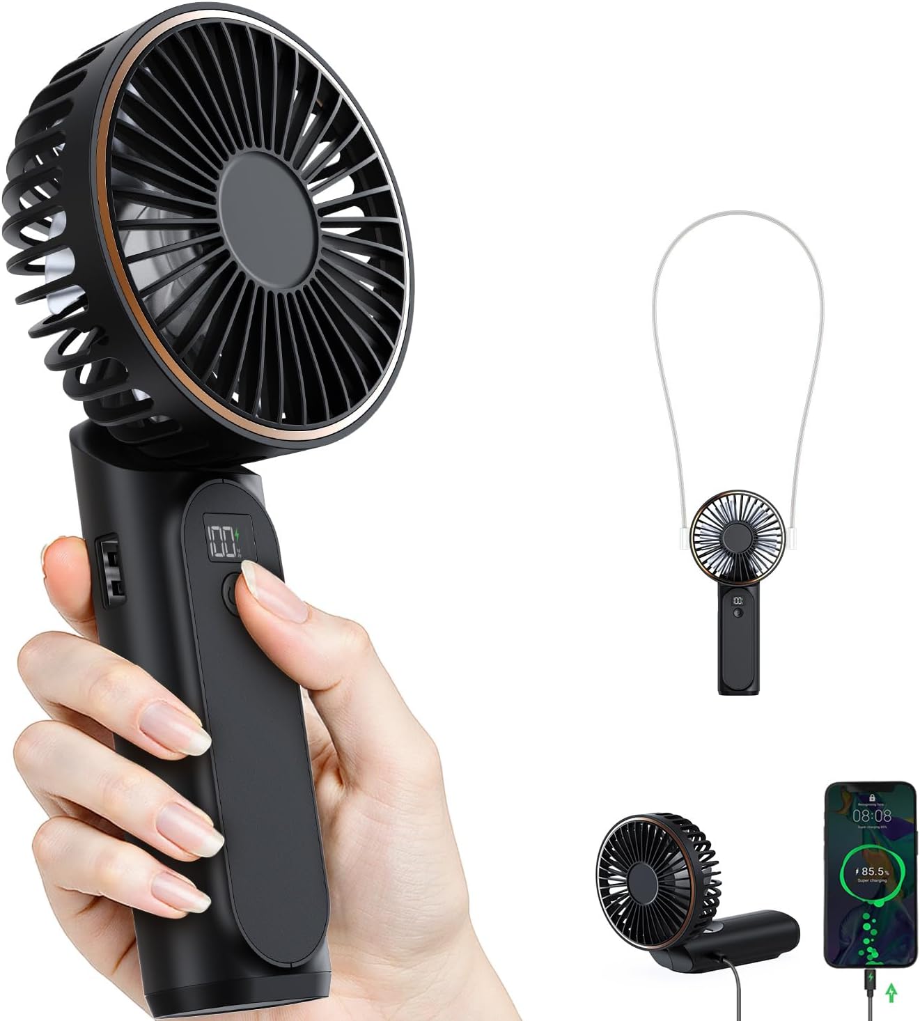 Ventilateur Portable À Main, 6 Vitesses, Affichage Lcd, Ultra Silencieux, 3600mah, Format De Poche, Pour Intérieur Extérieur, Avec Lanière
