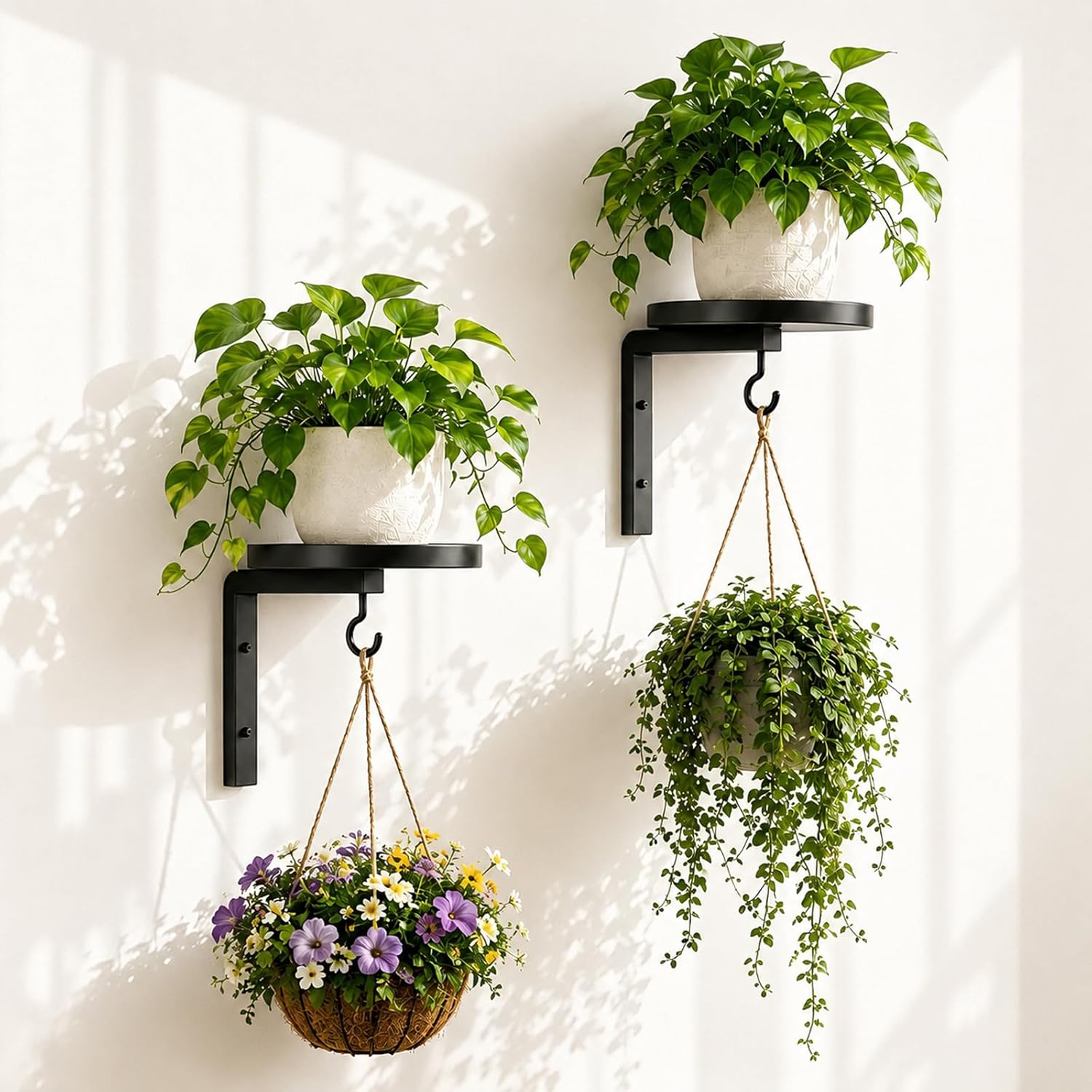 Set Mit 2 Wand-pflanzenhaltern Mit Runder Ablage Und Haken, Wand-blumentopfhalter, Wand-pflanzenregal Für Drinnen Und Draußen