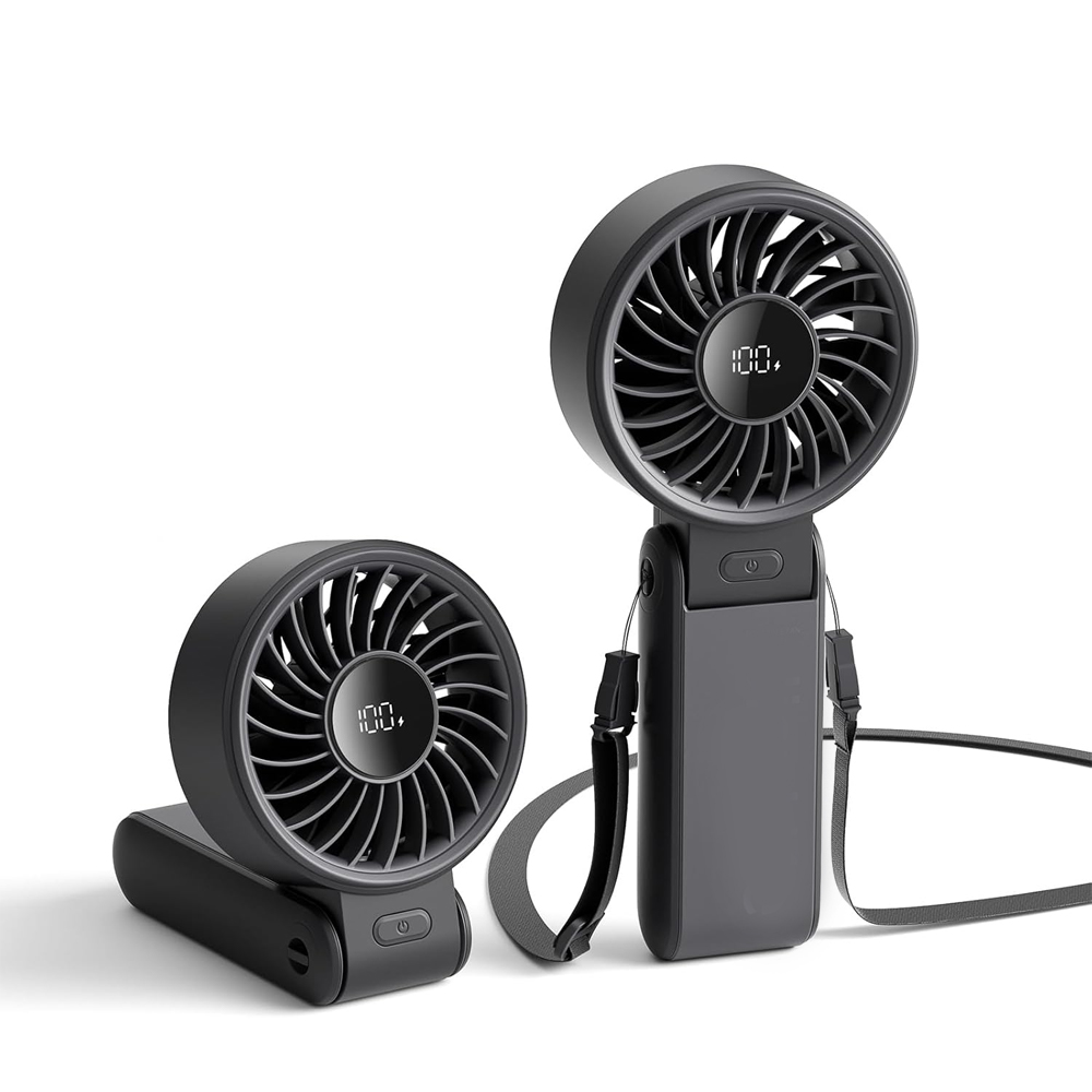 Tragbarer Handventilator Mit Led-anzeige [maximale Kühlleistung 19,5 Stunden], 5000 Mah, 115° Faltbar, 5 Geschwindigkeitsstufen, Trageschlaufe – Schwarz