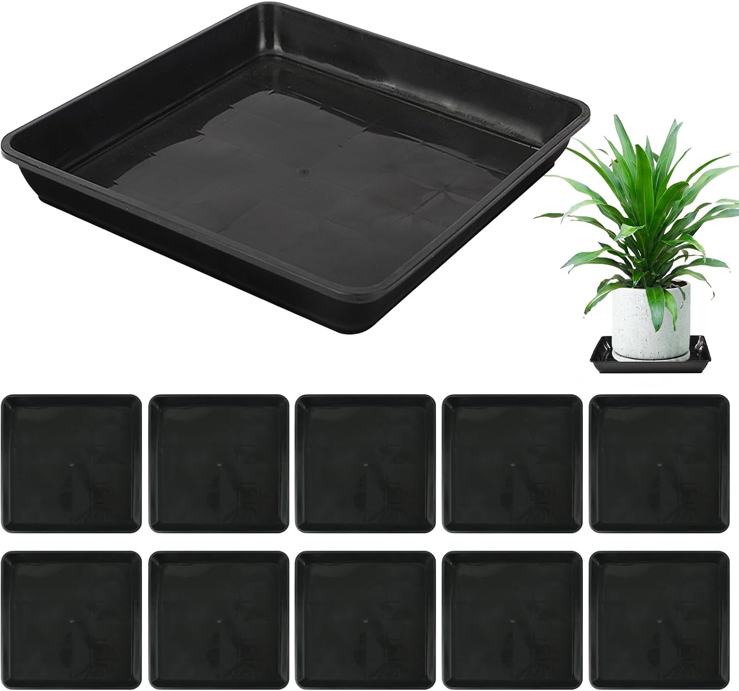 Set Mit 10 Quadratischen Untersetzern Für Blumentöpfe - 18 X 18 Cm - Kunststoff - Schwarz - Für Garten, Balkon, Wohnzimmer