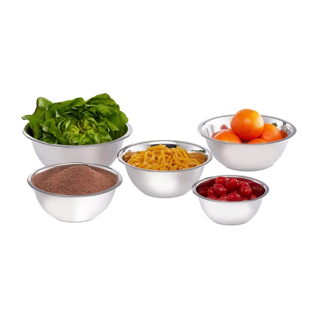 Relaxdays Rührschüssel Set, 5-teilig, Edelstahl, Schüsselset zum Backen und Servieren, stapelbar, Salatschüssel, silber