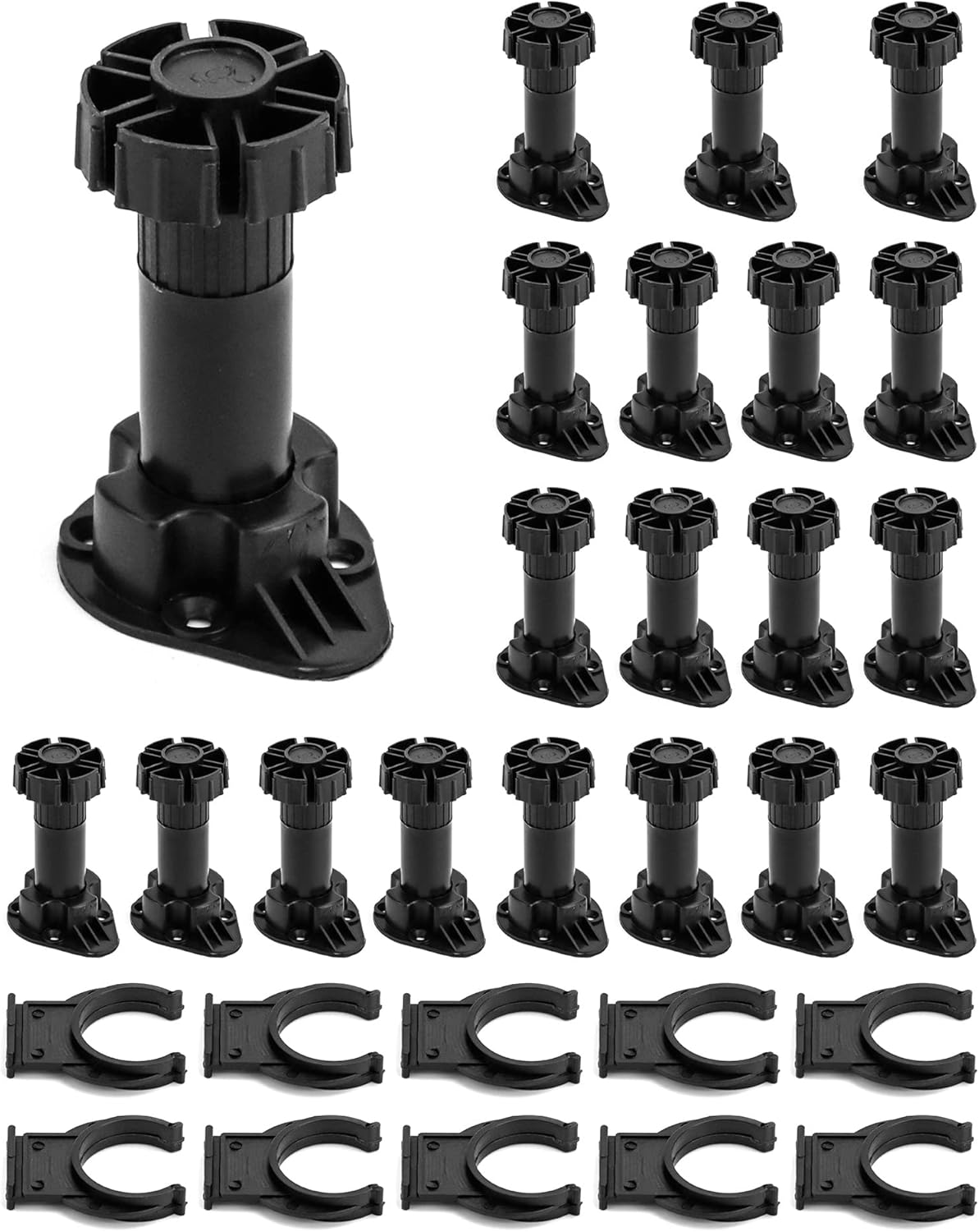 Set Mit 20 Runden Kunststoff-möbelfüßen, Küchenschrankfüßen, Inklusive 10 Befestigungswinkeln, Verstellbar Von 100 Bis 120 Mm. Schwarz.