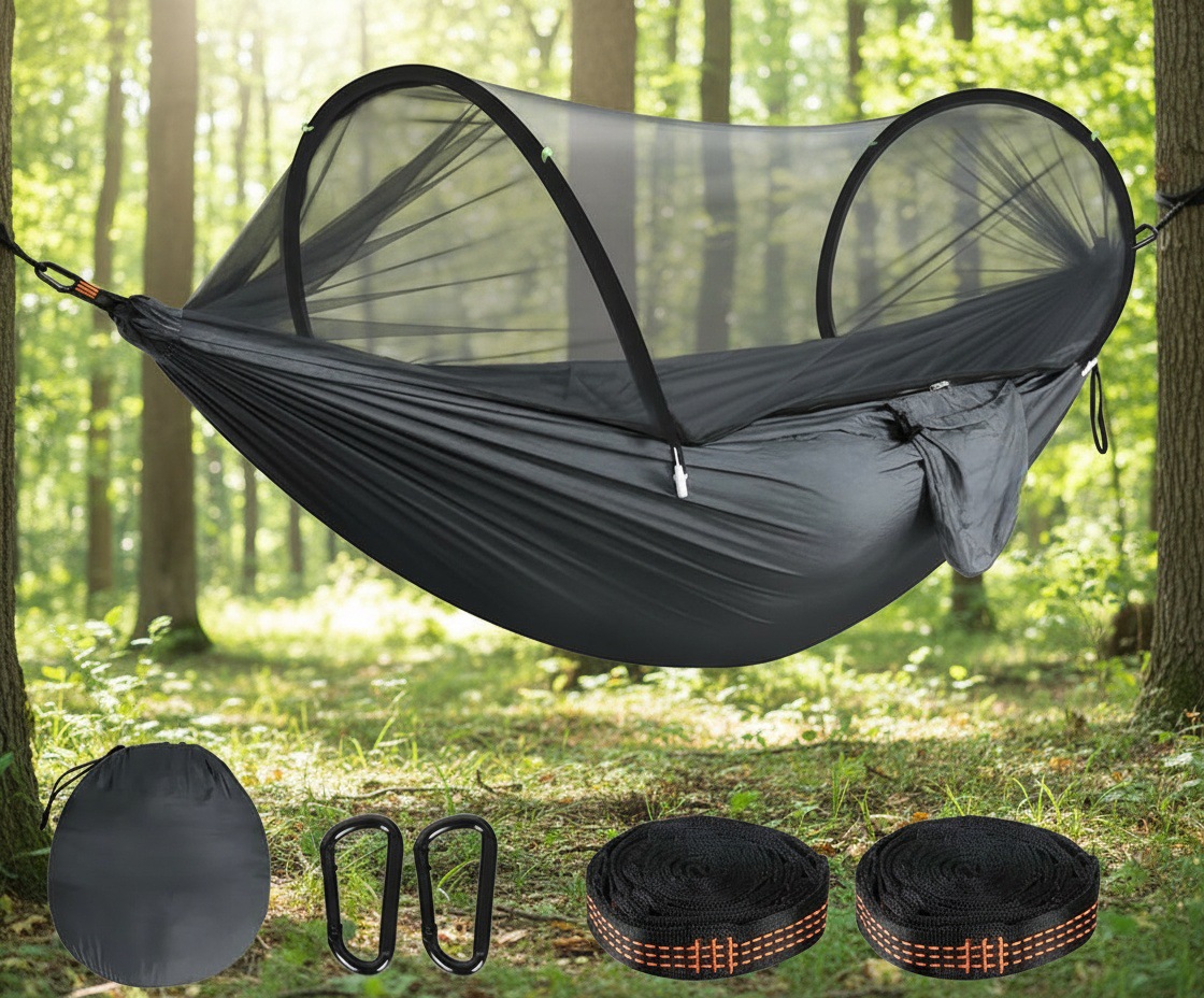 Ultra-camping-hängematte 300 Kg Tragkraft, Atmungsaktives, Schnelltrocknendes Fallschirmseiden-nylon 2 Premium-karabiner, 2 Nylon-tragegurte