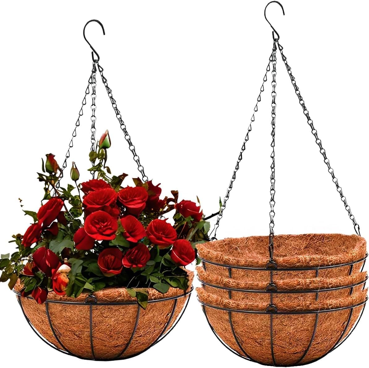 (4 Stück) Hängende Metalltöpfe Mit Kokosfasereinlage, 20 Cm Runde Hängeblumenkörbe Mit Kette Für Garten, Veranda, Terrasse, Blumendekoration
