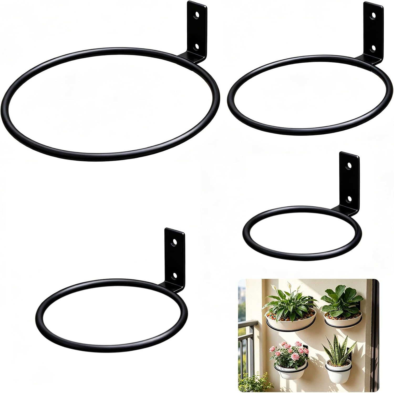 (4 Größen) Set Mit 4 Schwarzen, Wandmontierten Blumentopfhaltern Aus Eisen Inklusive Schrauben, Wandhalterungen Für Pflanzgefäße Im Innen- Und Außenbereich, Z. B. Für Balkon, Garten Und Terrasse