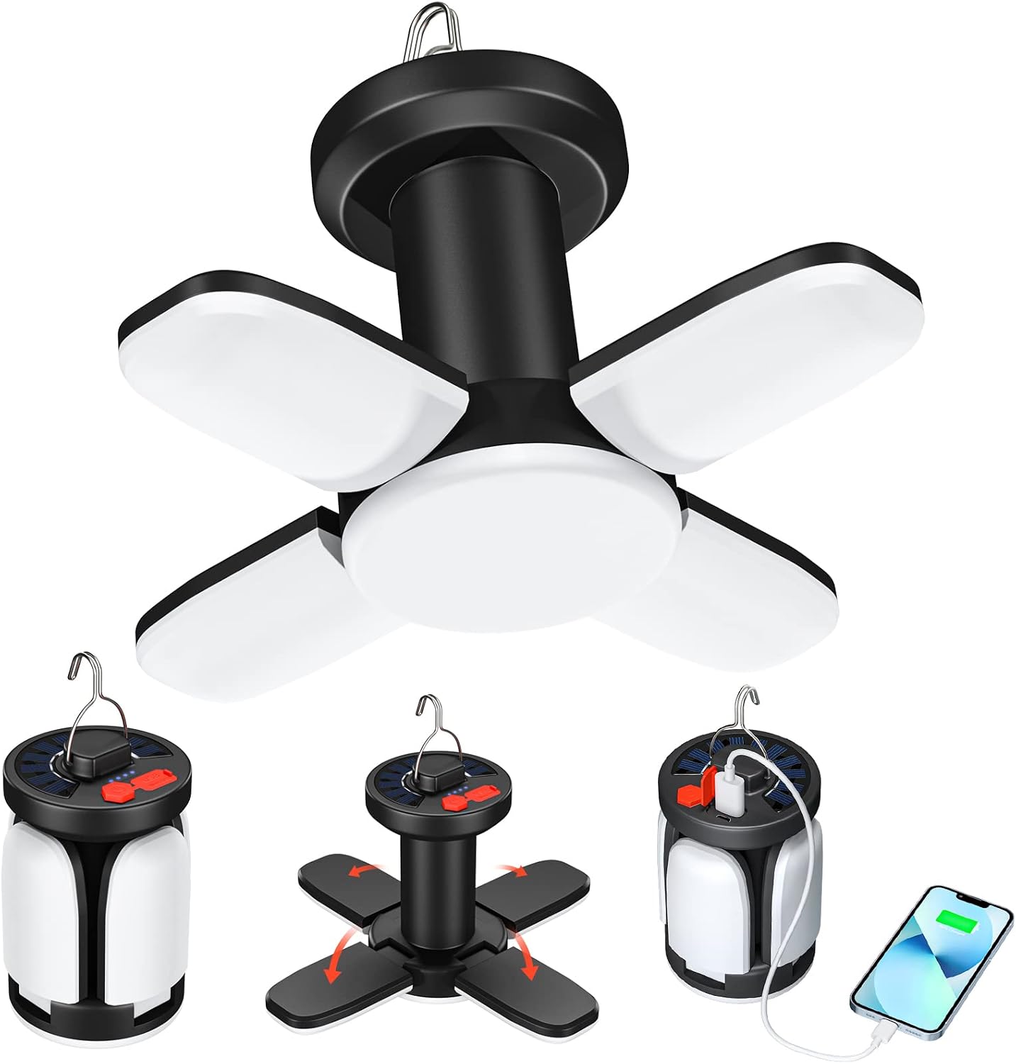 Led-campinglaterne – Usb-aufladbare Solarlampe Mit 6 Leuchtmodi, 360°-drehung, Faltbar – Zeltlampe Zum Wandern Und Lesen Im Freien