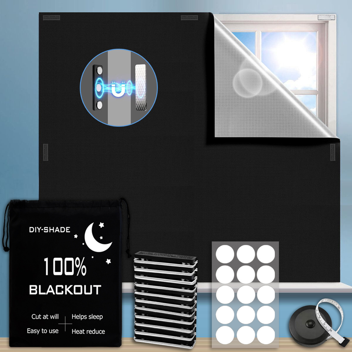 (100 X 145 Cm) Magnetisches Verdunkelungsrollo, Bohrfreies Verdunkelungsrollo, Zuschneidbarer, Wärmeisolierender Verdunkelungsstoff Für Schlafzimmer