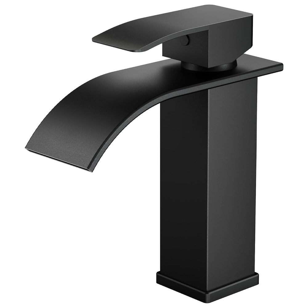Schwarze Badarmatur, Wasserfall-waschtischmischer Mit Einer Auslaufhöhe Von 110 Mm, Wasser- Und Energiesparend.