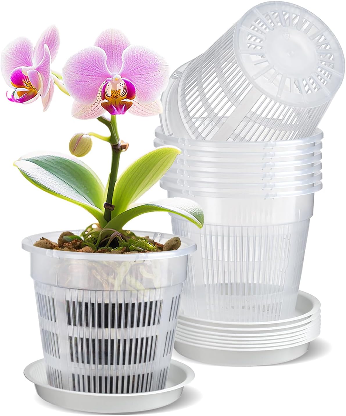Set Mit 8 Orchideentöpfen, 16 Cm Transparente Kunststoff-blumentöpfe Zimmerblumentopf Mit Abflusslöchern Und Untersetzern Zum Umtopfen
