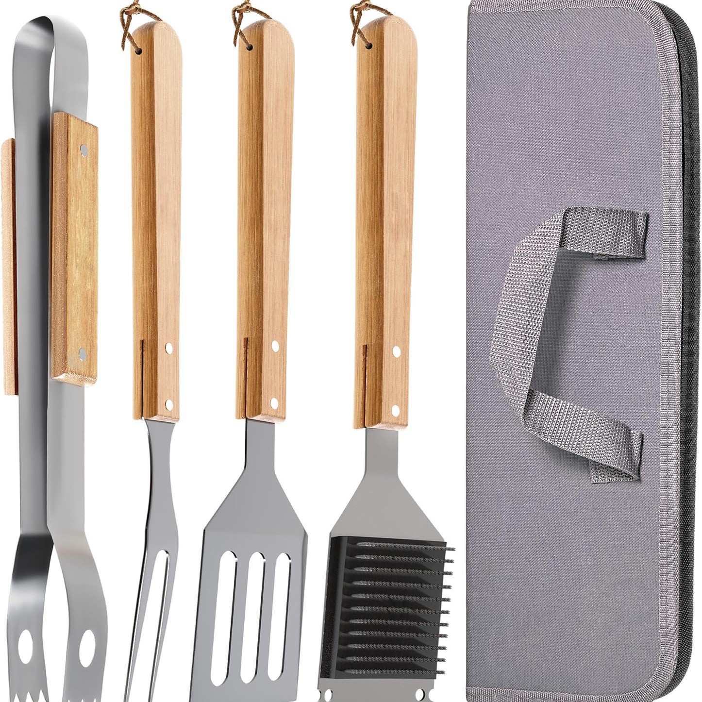4-teiliges Grillbesteck-set – Grillset Mit Tragetasche – Grillset Aus Edelstahl Und Holz – Gasgrillzubehör