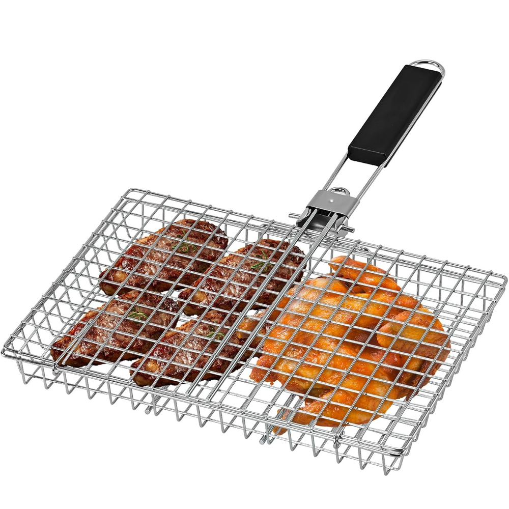 Robuster Grillkorb Für Grillabende – Faltbarer Und Tragbarer Grillrost – Antihaftbeschichtetes Fischernetz Mit Aufbewahrungstasche