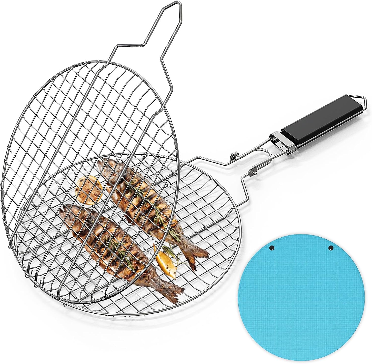 (55 X 28 Cm) Runder, Tragbarer Grillkorb Mit Abnehmbarem Und Arretierbarem Griff, Ideal Zum Grillen Von Gemüse, Fisch Und Garnelen Im Freien.