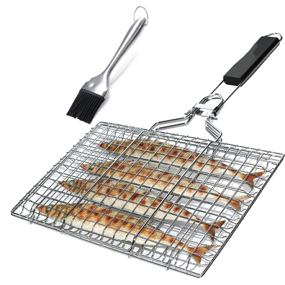 (3250 Cm) Grillkorb Aus Faltbarem Edelstahl Für Die Zubereitung Von Fisch, Inklusive Grillpinsel Und Aufbewahrungstasche.