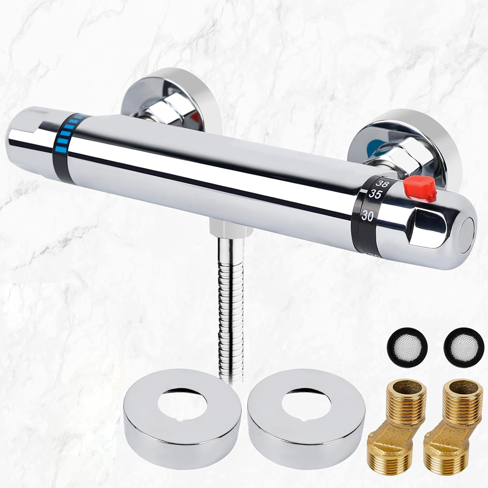 Thermostat-duscharmatur, 135–160 Mm, Universelle Messing-thermostat-duscharmatur Mit 38°c-sicherheitsknopf, Verchromt