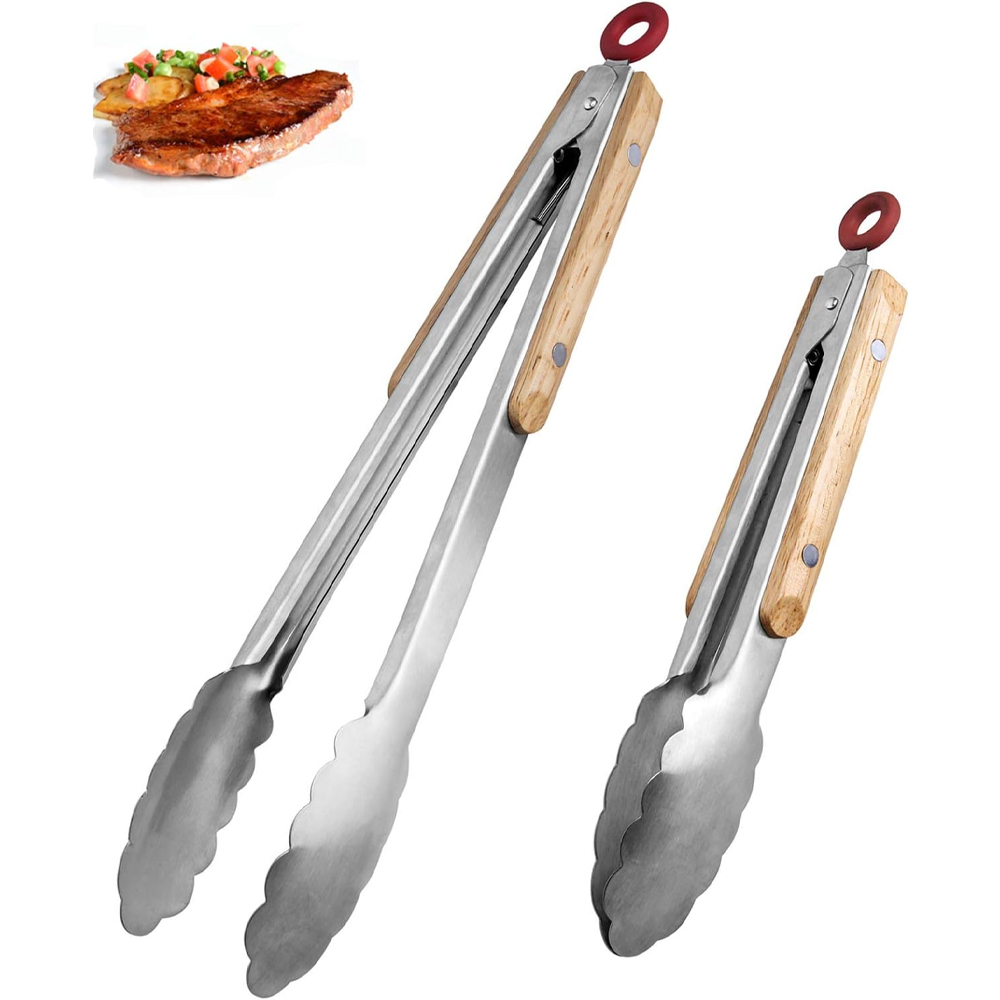 Robuste Küchenzange (27 & 33 Cm) – Grillzange, Leicht Zu Reinigen Und In Der Hand, Hitzebeständige Holzgriffe, Edelstahl-grillzange, Zubehör