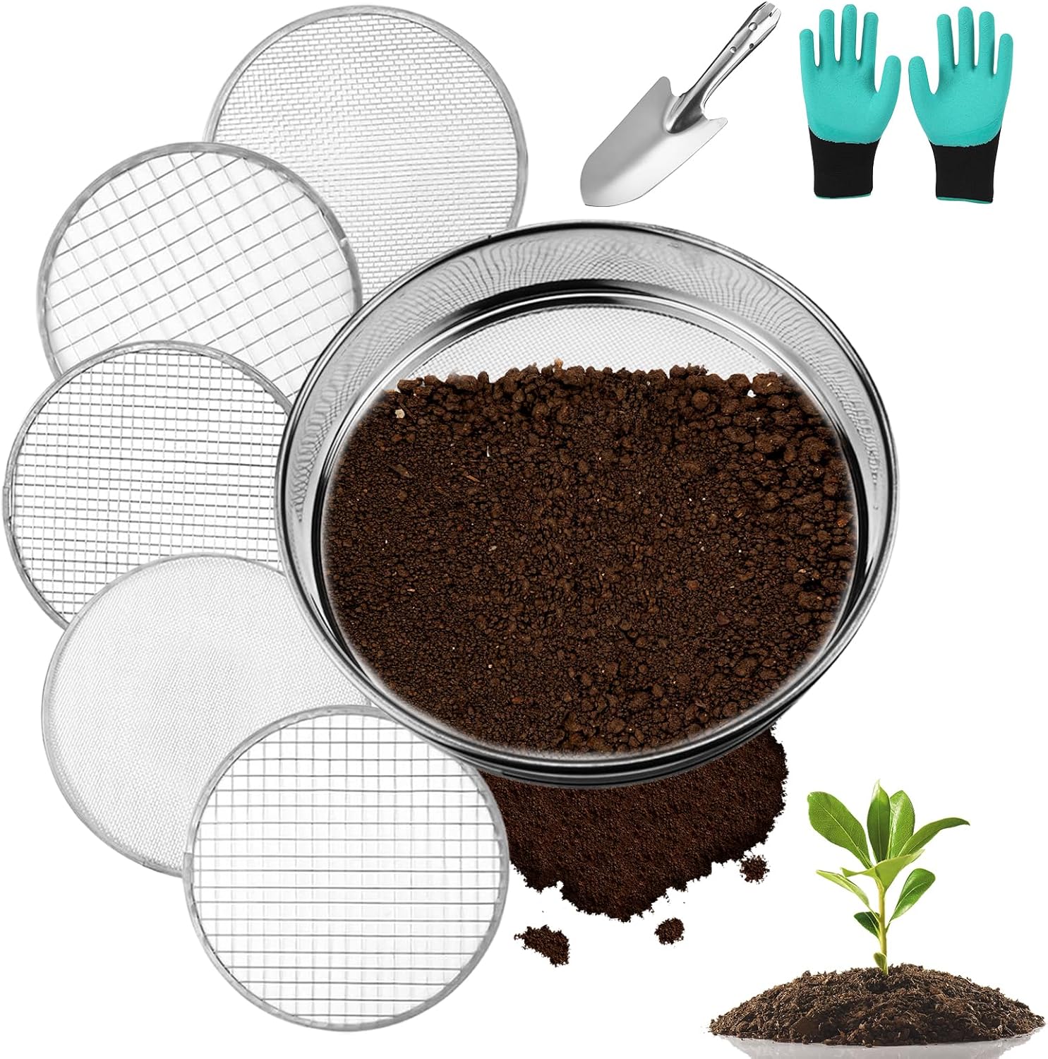 Gartensieb Aus Edelstahl Mit 5 Austauschbaren Sieben Für Gartenerde, Kompost Und Sand – Inklusive Gartenschaufel Und Gartenhandschuhen