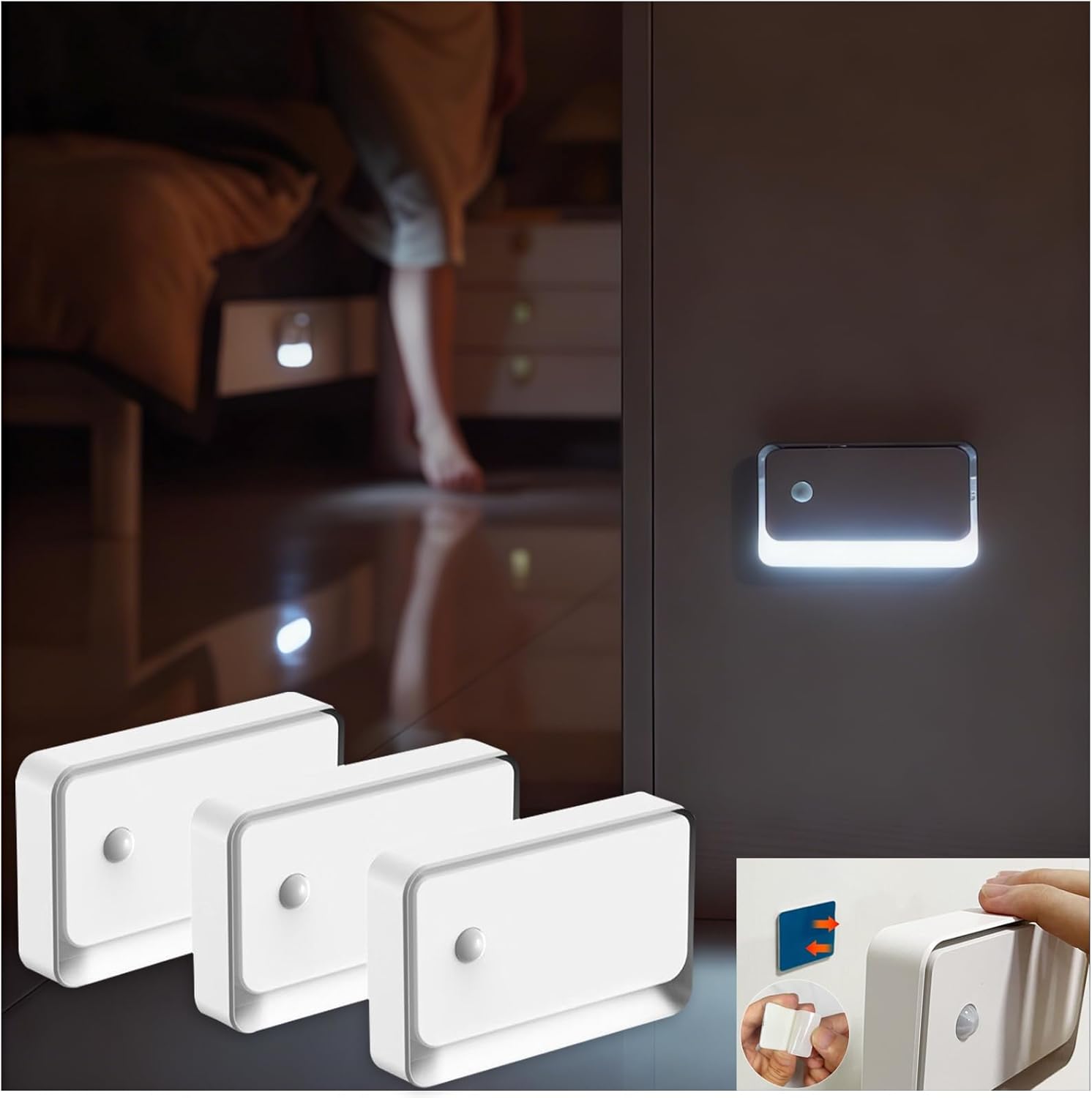 Bewegungsmelder-nachtlicht, 3er-pack, 3000k Usb-c Wiederaufladbar, Helligkeit Einstellbar, Für Treppenhäuser Und Flure (warmweiß)