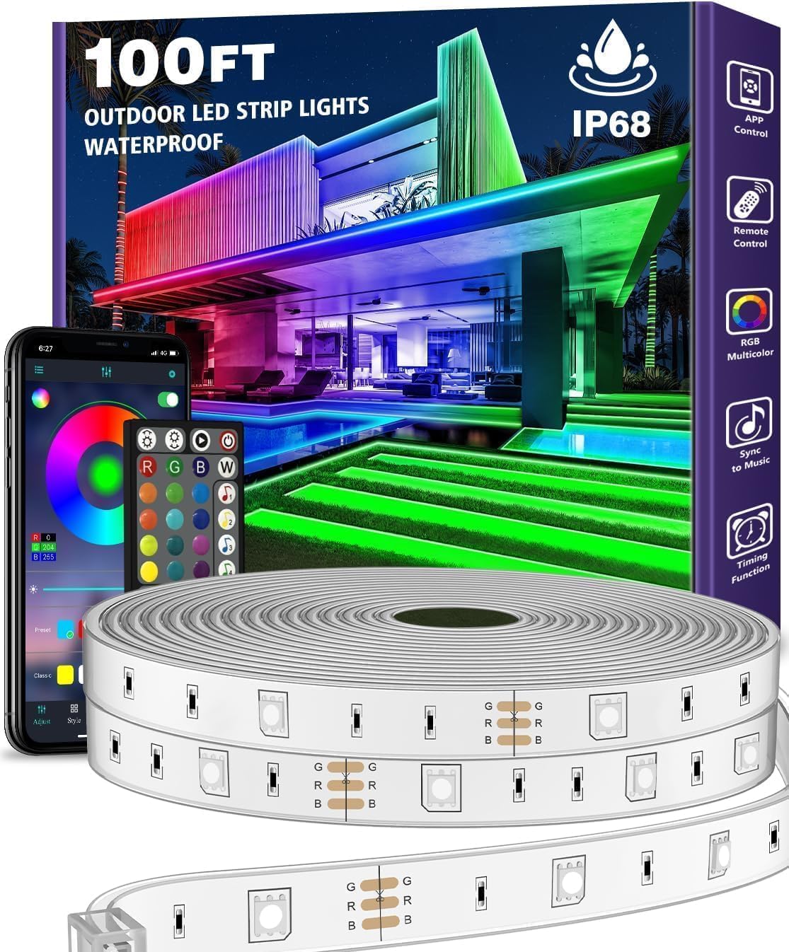 (30m) Outdoor-led-streifen, Ip67 Wasserdicht, Outdoor-led-lichtstreifen, Wasserdicht Mit App-fernsteuerung, Rgb-musiksynchronisation.