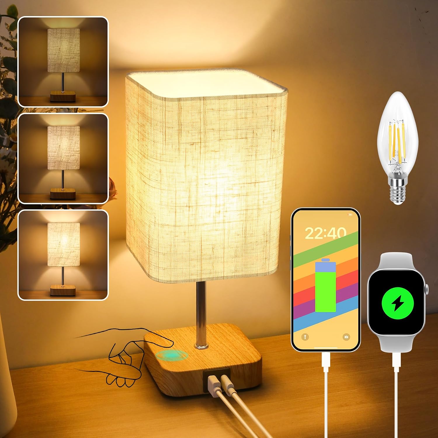 Nachtlichter Mit Touch-steuerung Und Usb-c- Und Usb-a-ladeanschlüssen, Kleine Lampe Mit Beigefarbenem Holzsockel Und Lampenschirm