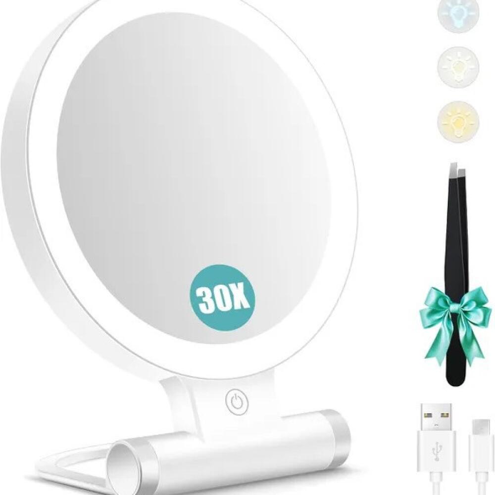 Beleuchteter Vergrößerungsspiegel, 30x/1x, Doppelseitig, Wiederaufladbarer Led-schminkspiegel (1000 Mah) Mit 3 Lichtfarben, Faltbar Und Tragbar Für Reisen