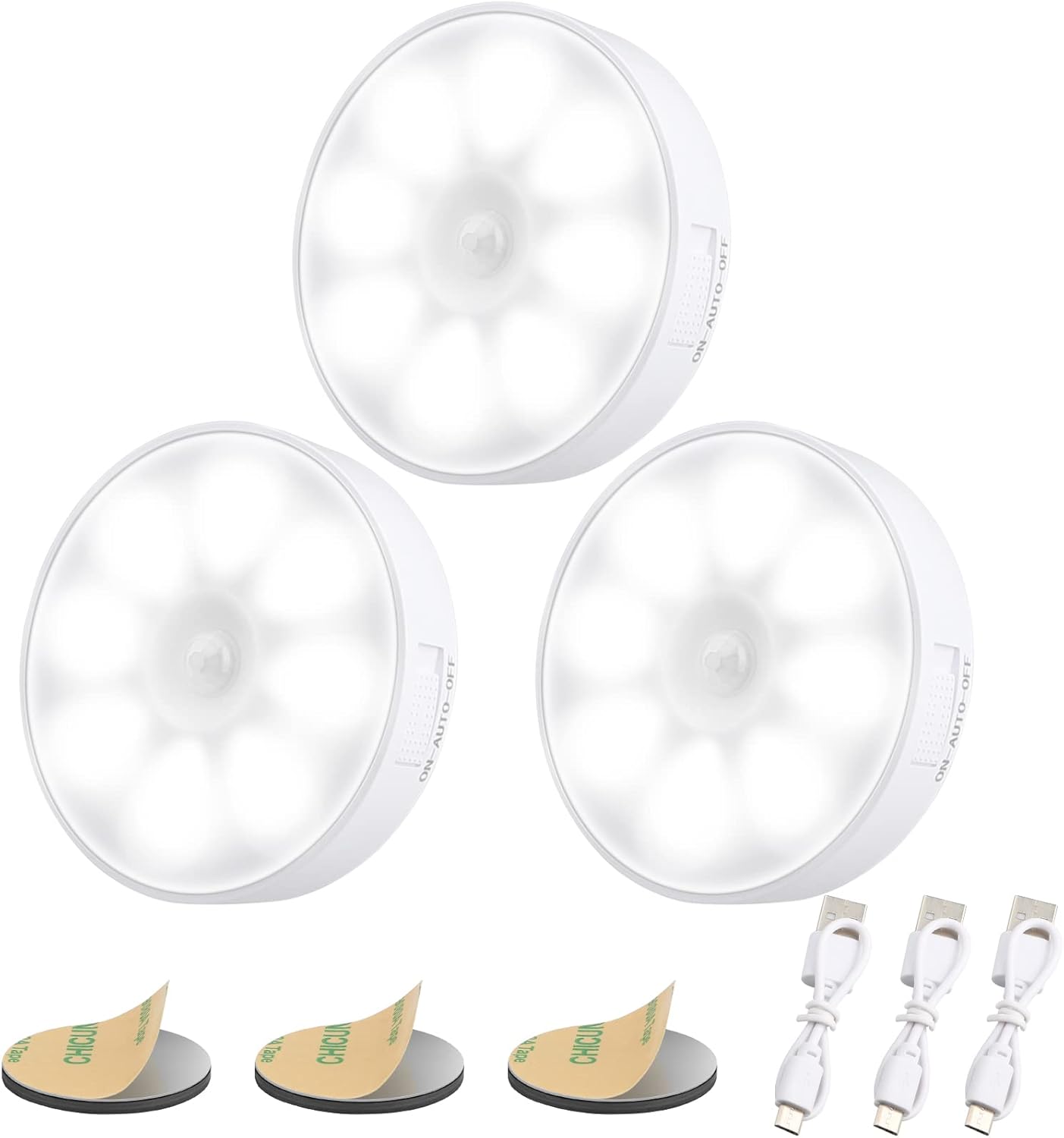 Automatisches, Per Usb Aufladbares Led-nachtlicht [3er-pack], 8-led-induktions-nachtlicht, Selbstklebende Led-lampe Mit Magnetfuß