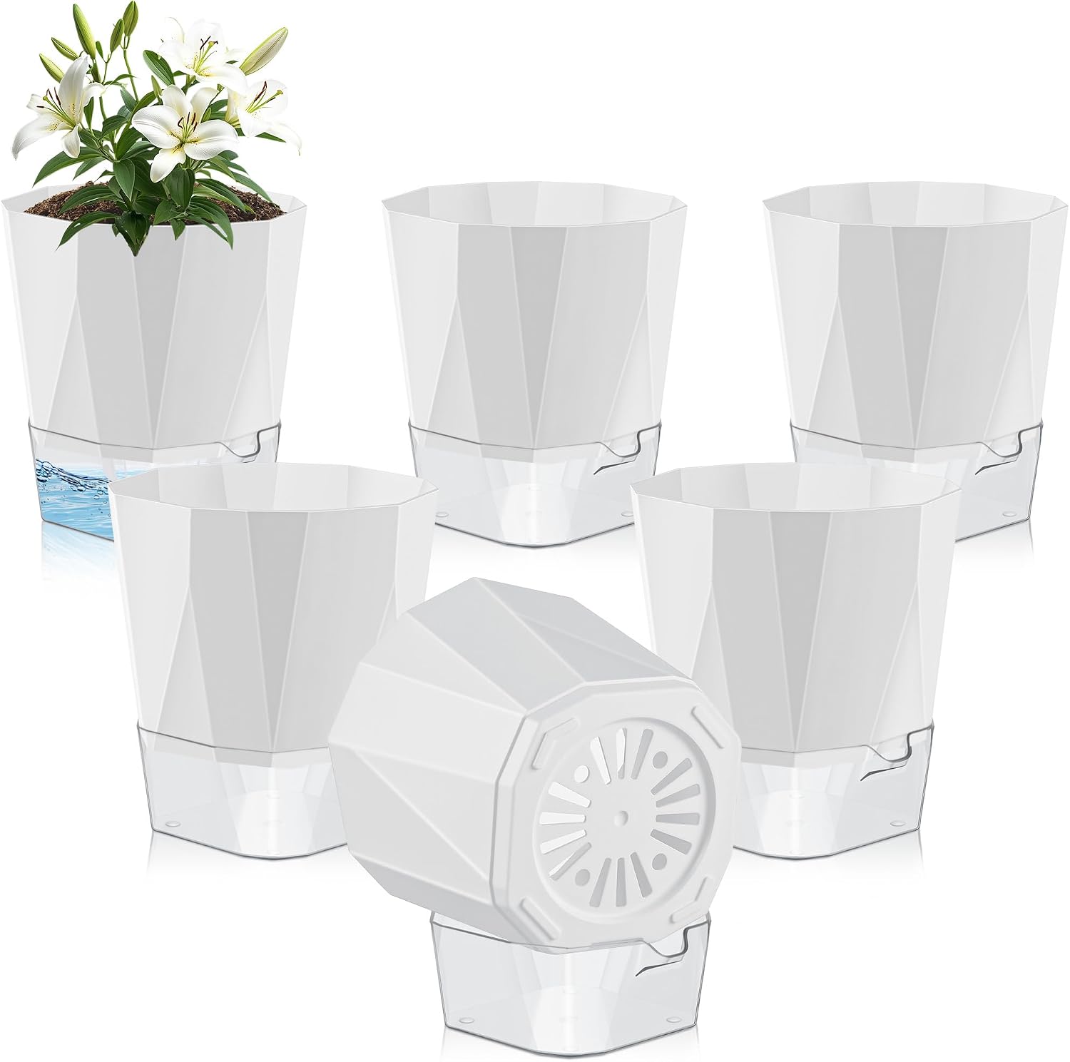 (6 Stück) Kunststoff-blumentöpfe, 17 Cm, Pflanztöpfe Mit Abflusslöchern Und Herausnehmbarem Wasserreservoir Für Balkon Und Garten, Weiß