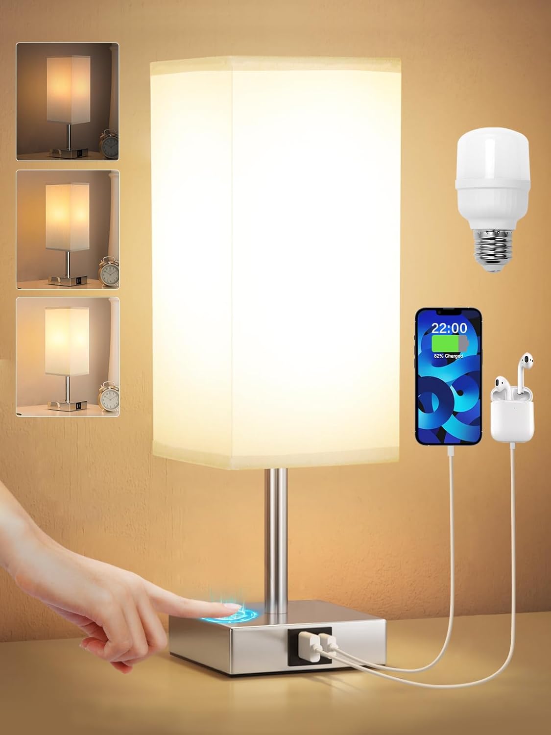 Usb-c- Und Usb-a-ladeanschlüsse, 3-stufige Dimmfunktion, Lampenschirm Aus Grauem Tc-stoff, Metallfuß, Tischleuchte Für Schlaf-/wohnzimmer (leuchtmittel Inklusive)