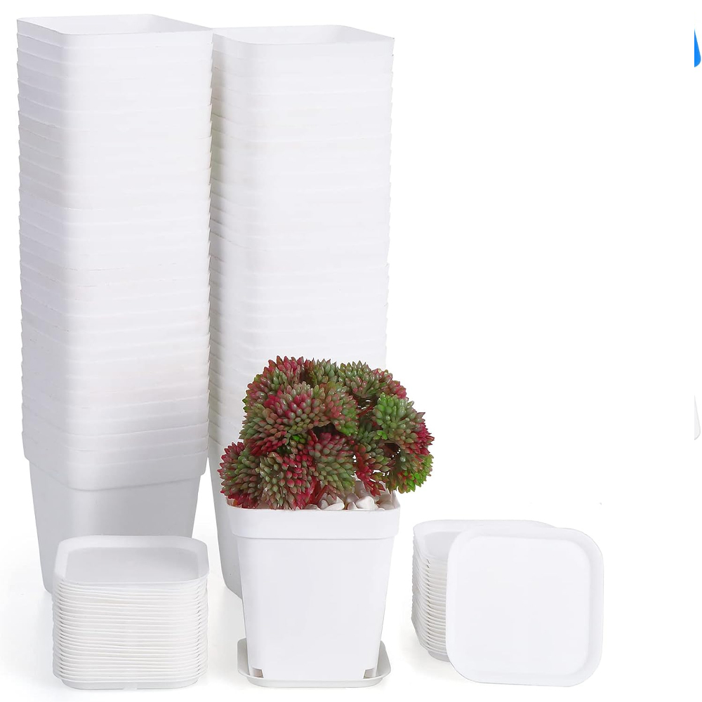 (60 Stück) Pflanztöpfe Aus Kunststoff, 7 Cm Quadratisch, Mit Untersetzern Und Pflanzenetiketten, Für Blumen Und Gemüse, Weiß